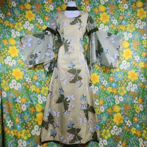RARE Alfred Shaheen Vintage 70s Bell Sleeve Butterfly Print Maxi Dress